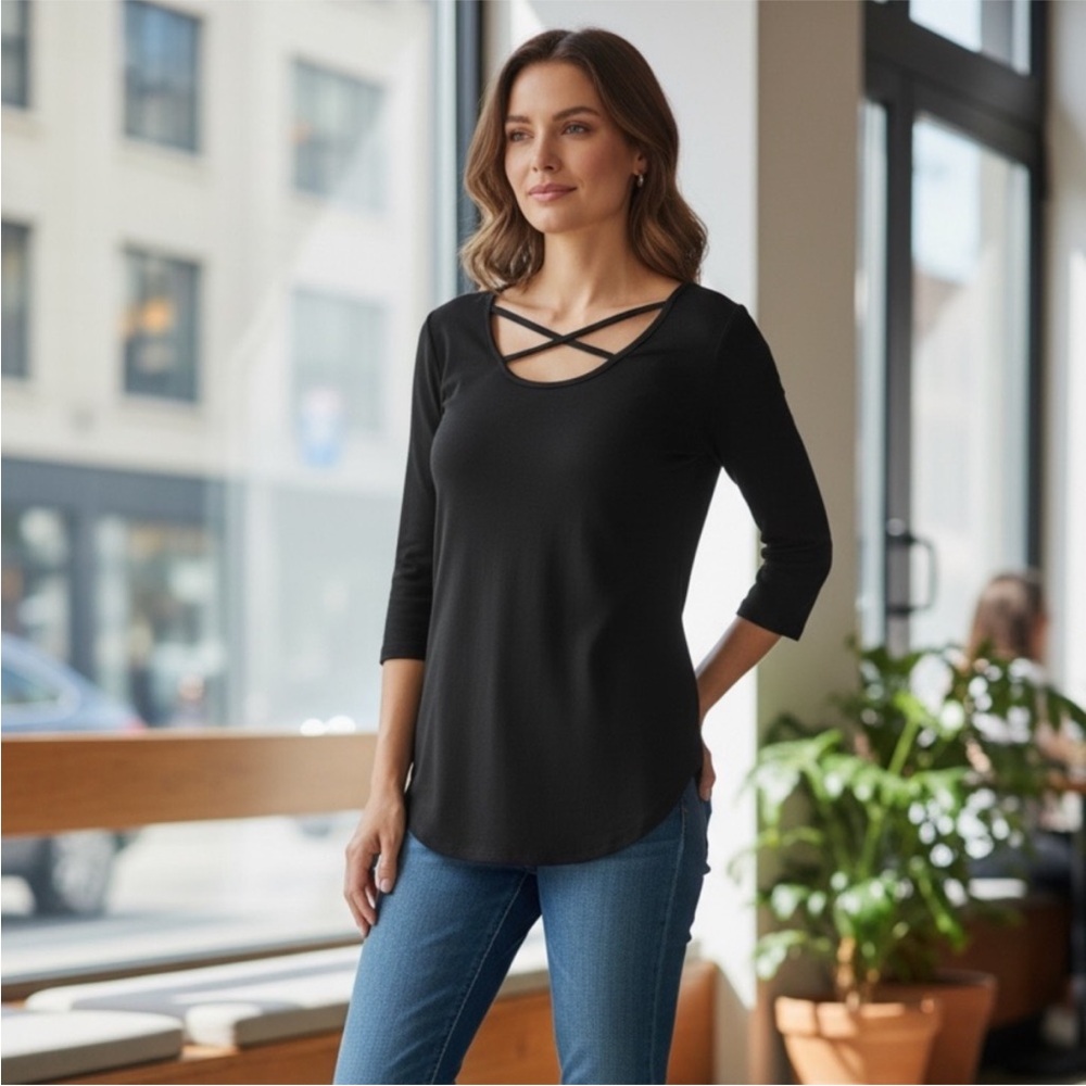 NWT•L-2X•Essential Threads Perfect Comfort Cross Strap Round Hemline Top NWT